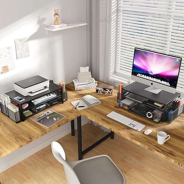 OPNICE Desk Organizer and Accessories, 2-Tier Computer Monitor Stand Riser with Drawer and 2 Pen Holders, Laptop Stand, Office Desk Accessories for Office Supplies, Black - Image 2