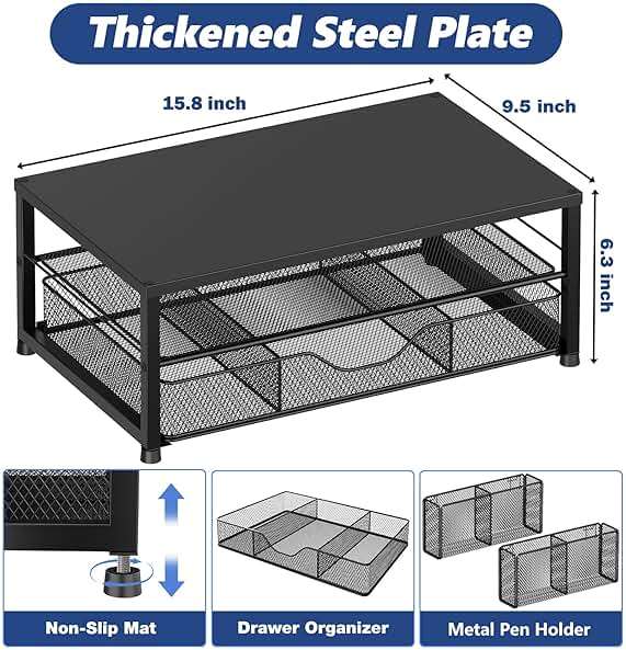 OPNICE Desk Organizer and Accessories, 2-Tier Computer Monitor Stand Riser with Drawer and 2 Pen Holders, Laptop Stand, Office Desk Accessories for Office Supplies, Black - Image 3