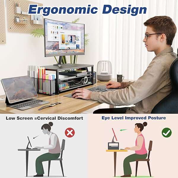 OPNICE Desk Organizer and Accessories, 2-Tier Computer Monitor Stand Riser with Drawer and 2 Pen Holders, Laptop Stand, Office Desk Accessories for Office Supplies, Black - Image 4