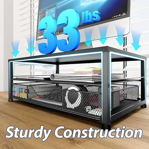 OPNICE Desk Organizer and Accessories, 2-Tier Computer Monitor Stand Riser with Drawer and 2 Pen Holders, Laptop Stand, Office Desk Accessories for Office Supplies, Black - Image 6