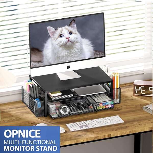OPNICE Desk Organizer and Accessories, 2-Tier Computer Monitor Stand Riser with Drawer and 2 Pen Holders, Laptop Stand, Office Desk Accessories for Office Supplies, Black - Image 7