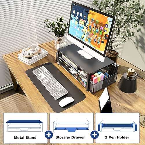 OPNICE Desk Organizer and Accessories, 2-Tier Computer Monitor Stand Riser with Drawer and 2 Pen Holders, Laptop Stand, Office Desk Accessories for Office Supplies, Black - Image 8