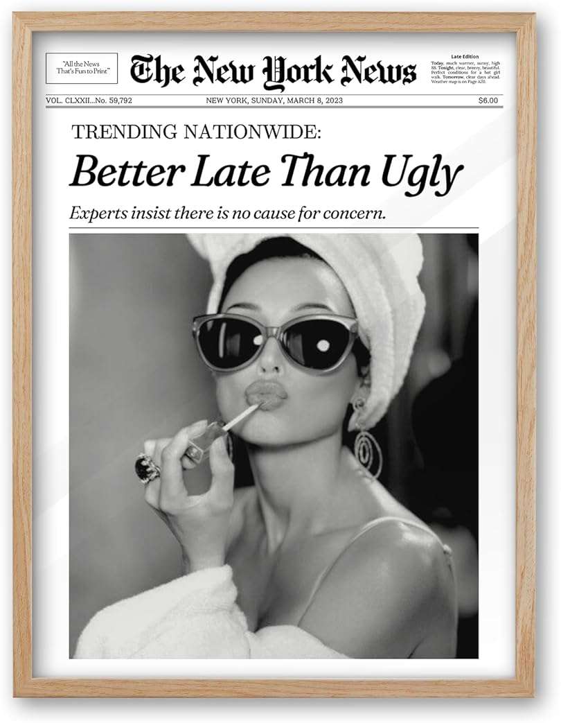 iHery Natural OAK Wood Audrey Hepburn Newspaper Trendy Framed Wall Art, 12x16 in Vintage Headline Canvas Bedroom Wall Decor, Better Late Than Ugly,Bathroom Artwork Apartment Girly Dorm Room 1Pack - Image 1
