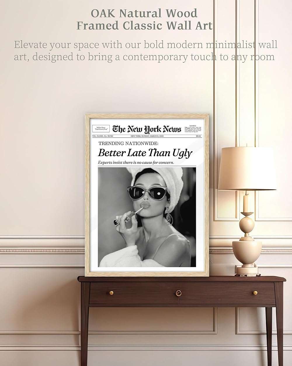 iHery Natural OAK Wood Audrey Hepburn Newspaper Trendy Framed Wall Art, 12x16 in Vintage Headline Canvas Bedroom Wall Decor, Better Late Than Ugly,Bathroom Artwork Apartment Girly Dorm Room 1Pack - Image 2