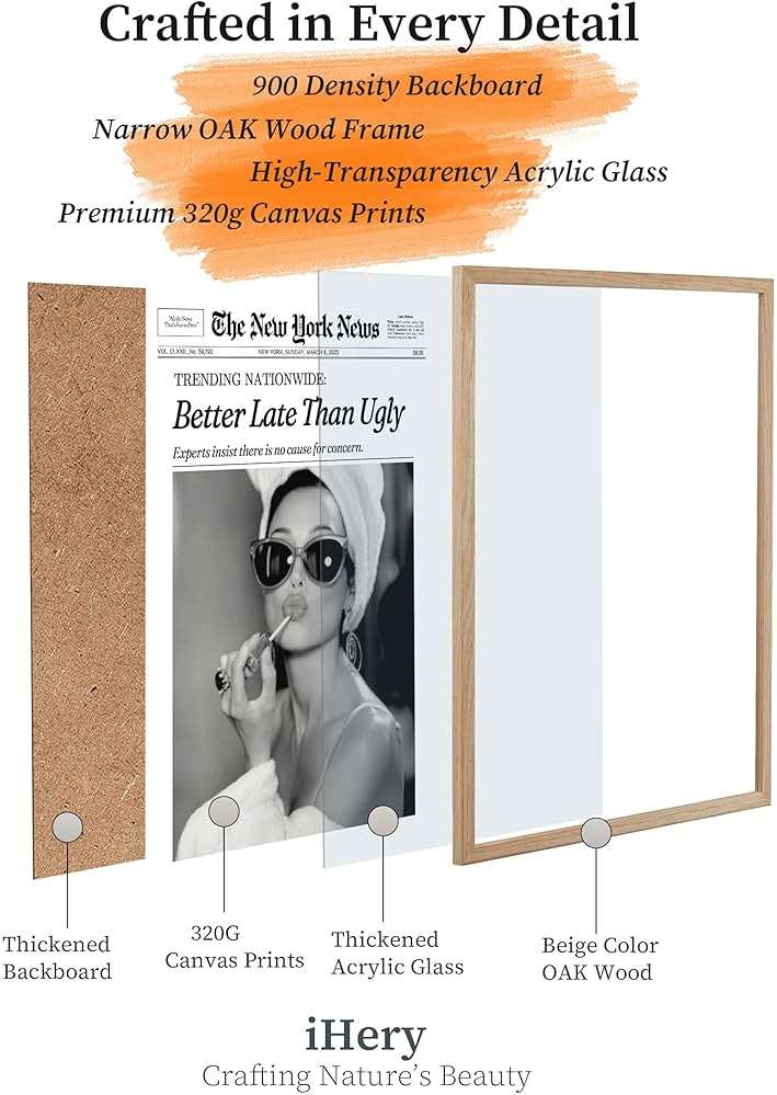 iHery Natural OAK Wood Audrey Hepburn Newspaper Trendy Framed Wall Art, 12x16 in Vintage Headline Canvas Bedroom Wall Decor, Better Late Than Ugly,Bathroom Artwork Apartment Girly Dorm Room 1Pack - Image 3