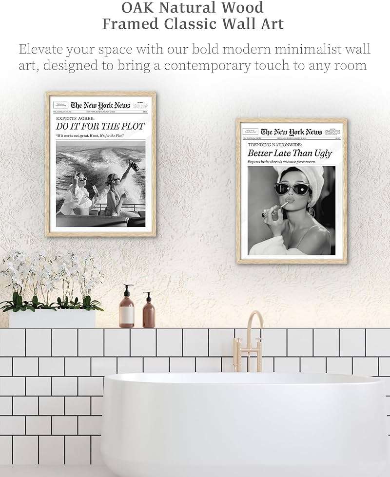 iHery Natural OAK Wood Audrey Hepburn Newspaper Trendy Framed Wall Art, 12x16 in Vintage Headline Canvas Bedroom Wall Decor, Better Late Than Ugly,Bathroom Artwork Apartment Girly Dorm Room 1Pack - Image 5