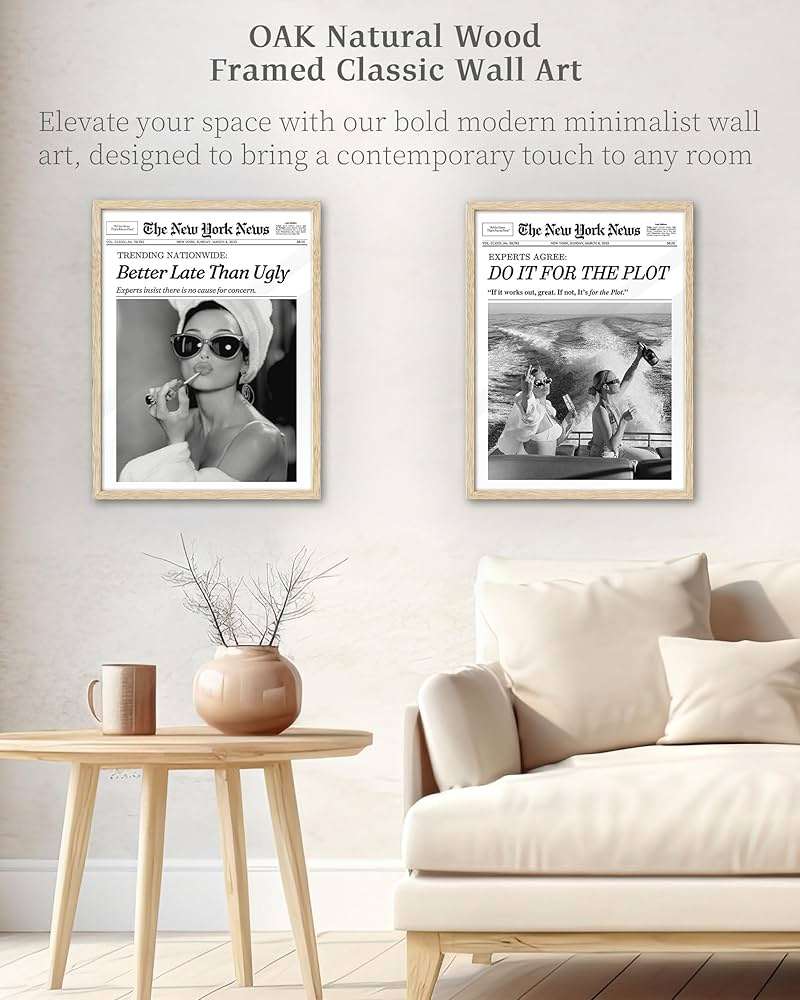 iHery Natural OAK Wood Audrey Hepburn Newspaper Trendy Framed Wall Art, 12x16 in Vintage Headline Canvas Bedroom Wall Decor, Better Late Than Ugly,Bathroom Artwork Apartment Girly Dorm Room 1Pack - Image 7
