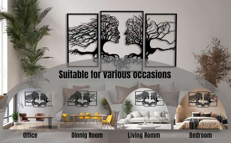 VAILLA Tree of Life Wall Wooden Art Abstract Tree Man Woman Face Large 3D Wooden Wall Decor Set of 3 Hanging Sculpture Modern Home Decoration 3D Textured Sculptures for Living Room Bedroom Office Dinnig Room - Image 3