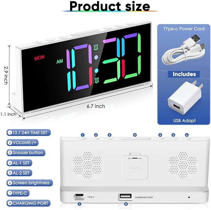 Alarm Clock with Large Display Big Numbers,5 Levels Brightness，Snooze,USB Charging Port,LED and Mirror Desk Clock,Dual Alarms Modern Electronic Clock for Bedroom Home Living Room Office. (White) - Image 2