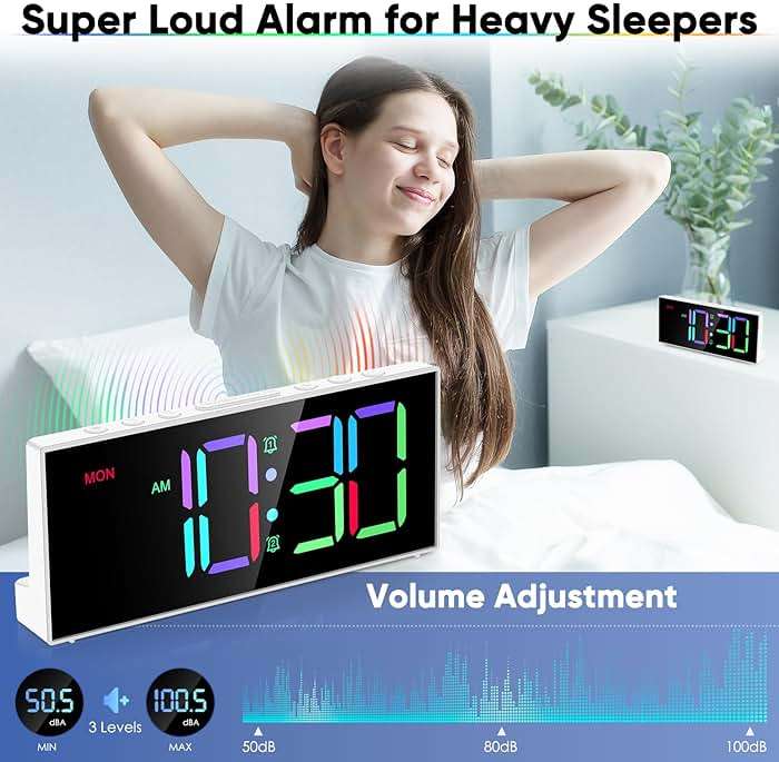 Alarm Clock with Large Display Big Numbers,5 Levels Brightness，Snooze,USB Charging Port,LED and Mirror Desk Clock,Dual Alarms Modern Electronic Clock for Bedroom Home Living Room Office. (White) - Image 5