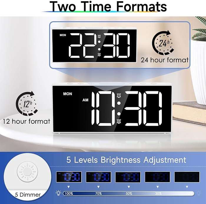 Alarm Clock with Large Display Big Numbers,5 Levels Brightness，Snooze,USB Charging Port,LED and Mirror Desk Clock,Dual Alarms Modern Electronic Clock for Bedroom Home Living Room Office. (White) - Image 6
