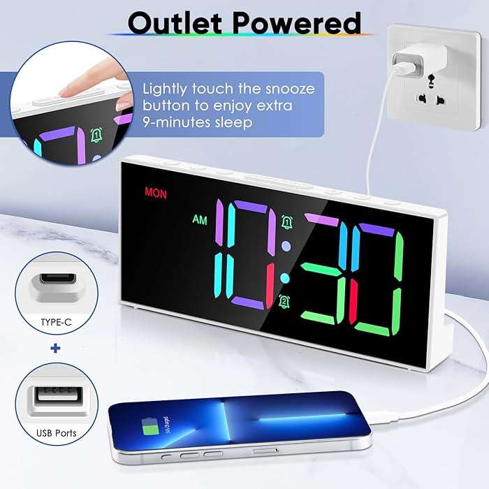 Alarm Clock with Large Display Big Numbers,5 Levels Brightness，Snooze,USB Charging Port,LED and Mirror Desk Clock,Dual Alarms Modern Electronic Clock for Bedroom Home Living Room Office. (White) - Image 7