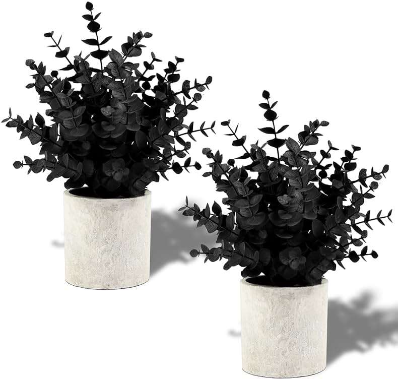 Coferset 2 Pack Black Fake Eucalyptus Small Fake Plants Potted Artificial Plants for Halloween Shelf Desk Home Farmhouse Room Coffee Table Decor Bathroom Decor (Black) - Image 1