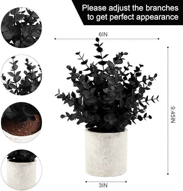 Coferset 2 Pack Black Fake Eucalyptus Small Fake Plants Potted Artificial Plants for Halloween Shelf Desk Home Farmhouse Room Coffee Table Decor Bathroom Decor (Black) - Image 3