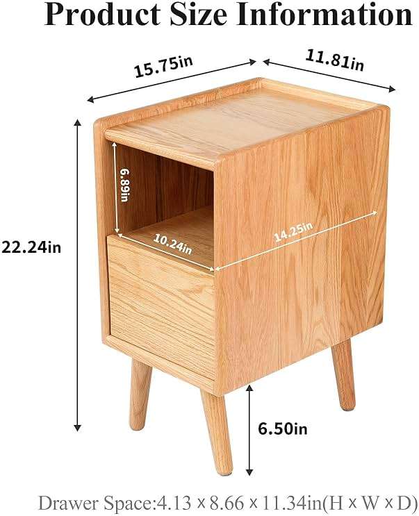 Cttasty Night Stand, Solid Wood Nightsatnd with One Drawer & Open Shelf, Mid Century Modern Nightstand, Durable & Sturdy Small End Table, 11.81 W x 15.75 D x 22.05 H Inches, (Natural) - Image 2