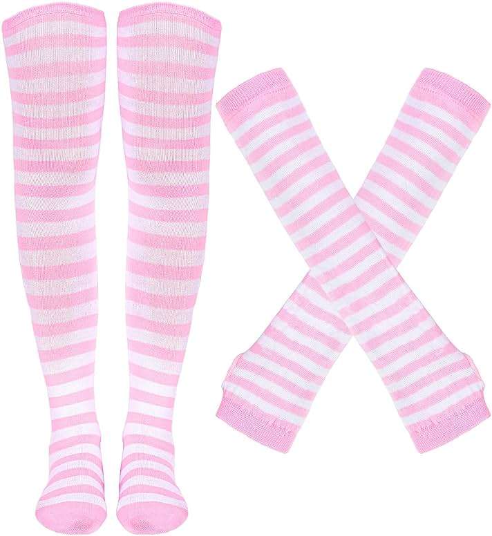 Tongcloud Women's Striped Knee High Socks, Over Knee Thigh High Socks, Arm Warmer and Fingerless Gloves Set - Image 1