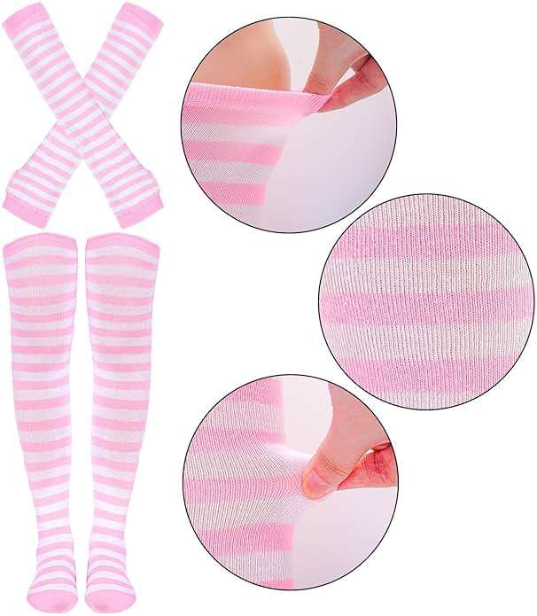 Tongcloud Women's Striped Knee High Socks, Over Knee Thigh High Socks, Arm Warmer and Fingerless Gloves Set - Image 3