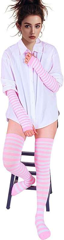 Tongcloud Women's Striped Knee High Socks, Over Knee Thigh High Socks, Arm Warmer and Fingerless Gloves Set - Image 4