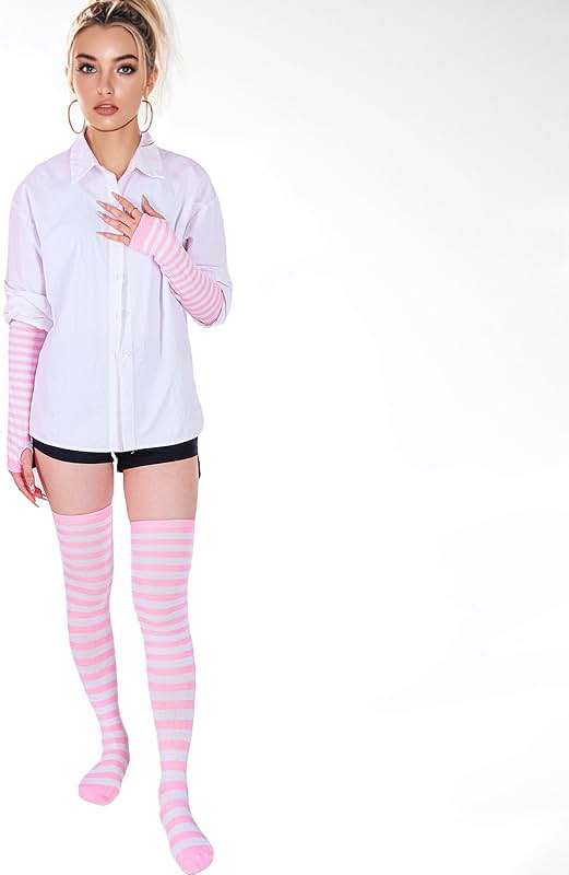 Tongcloud Women's Striped Knee High Socks, Over Knee Thigh High Socks, Arm Warmer and Fingerless Gloves Set - Image 5