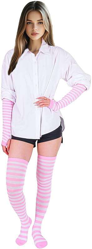 Tongcloud Women's Striped Knee High Socks, Over Knee Thigh High Socks, Arm Warmer and Fingerless Gloves Set - Image 6