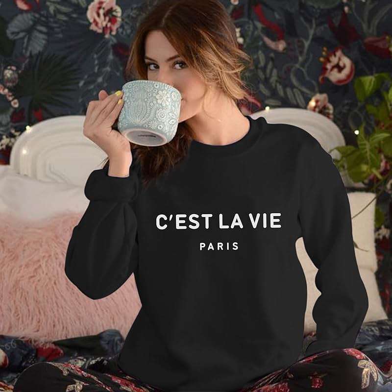 Lytiarul C'est La Vie Paris Sweatshirt For Women Oversized Graphic Crewneck Hoodie Casual Long Sleeve Shirt Pullover Tops - Image 2