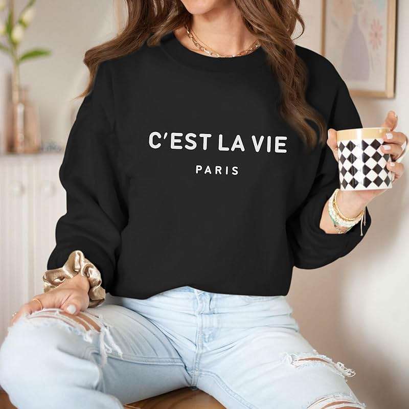Lytiarul C'est La Vie Paris Sweatshirt For Women Oversized Graphic Crewneck Hoodie Casual Long Sleeve Shirt Pullover Tops - Image 3