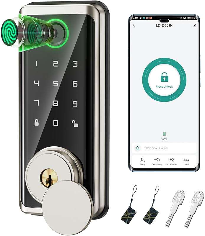 Sophia Keyless Entry Door Lock, Smart Auto Locks for Front Door & Key Fobs & Remote Control, Keypad Deadbolt Digital, Fingerprint Door Lock with Code, Cerraduras Inteligentes, IP68, Satin Nickel - Image 1