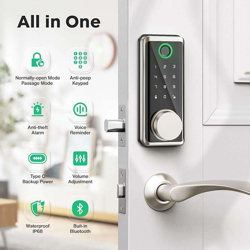 Sophia Keyless Entry Door Lock, Smart Auto Locks for Front Door & Key Fobs & Remote Control, Keypad Deadbolt Digital, Fingerprint Door Lock with Code, Cerraduras Inteligentes, IP68, Satin Nickel - Image 3