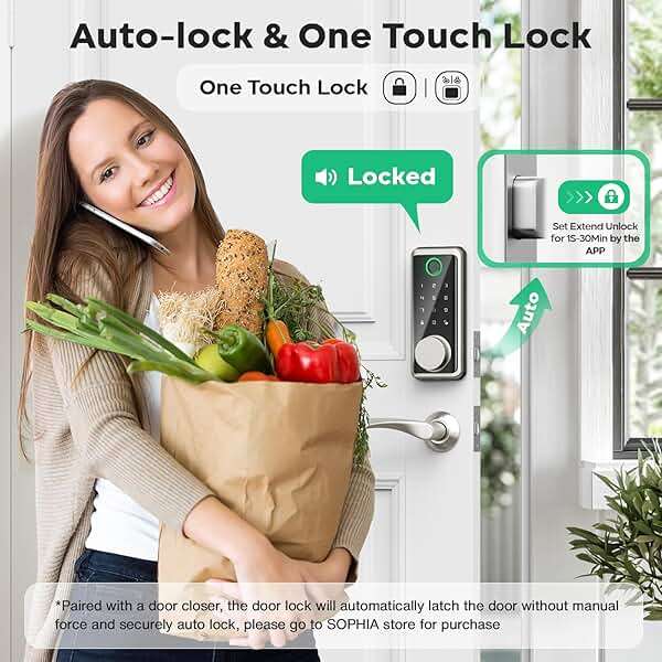 Sophia Keyless Entry Door Lock, Smart Auto Locks for Front Door & Key Fobs & Remote Control, Keypad Deadbolt Digital, Fingerprint Door Lock with Code, Cerraduras Inteligentes, IP68, Satin Nickel - Image 6