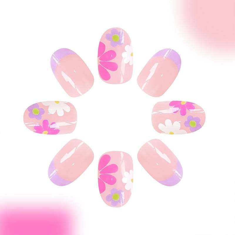 Flower Press On Nails - Short Almond French Tip Colorful Flowers Acrylic Nude Pink Full Cover Glue On Floral False Nails for Women Girls - 24 Pcs - Image 2