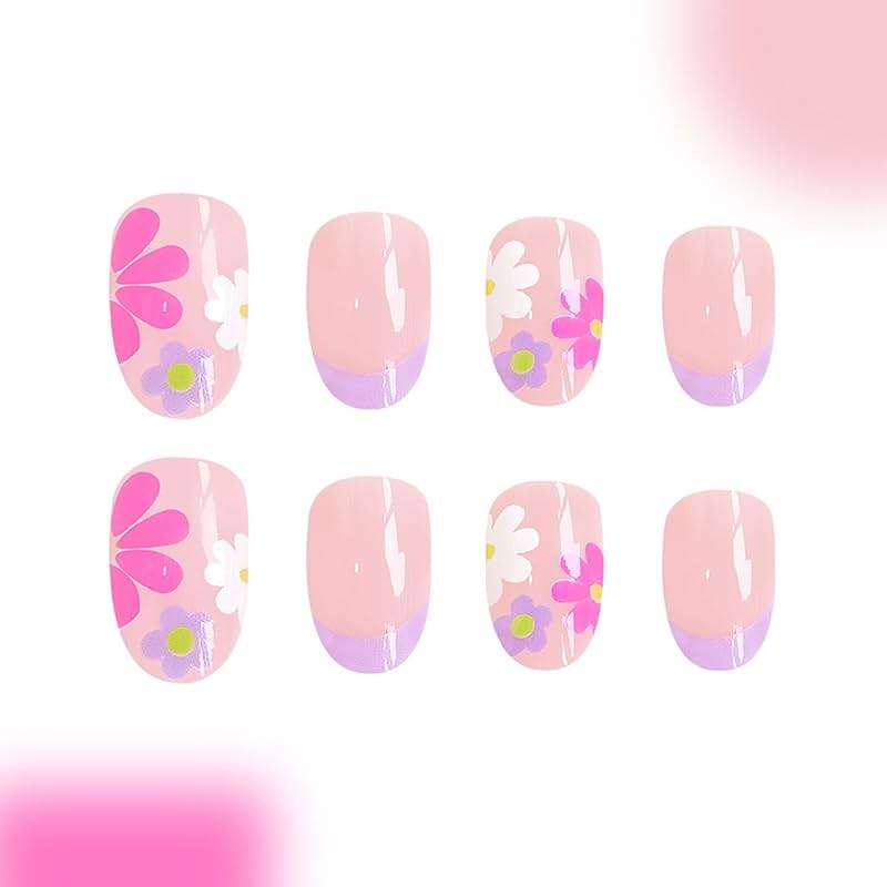 Flower Press On Nails - Short Almond French Tip Colorful Flowers Acrylic Nude Pink Full Cover Glue On Floral False Nails for Women Girls - 24 Pcs - Image 3