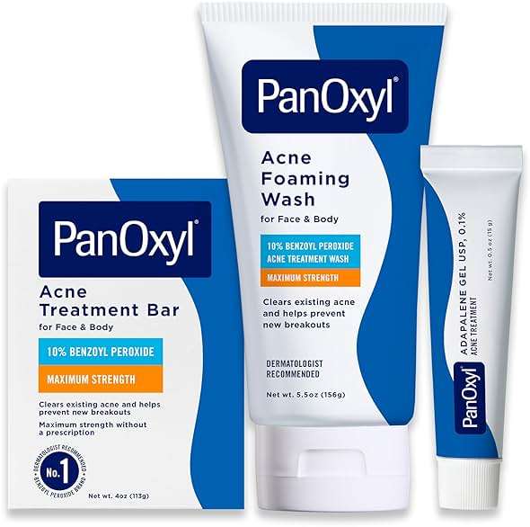 PanOxyl Face and Body Bundle - Acne Foaming Wash Benzoyl Peroxide 10%, Acne Treatment Bar with 10% Benzoyl Peroxide & Adapalene 0.1% Leave-On Gel - Image 1