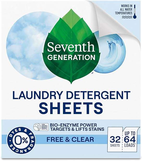 Seventh Generation Laundry Detergent Sheets 32ct Free & Clear Removes Tough Stains Safer for your family - Image 1