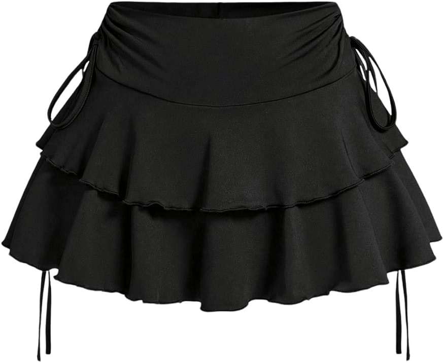RoseSeek Women's Drawstring Bow Side Mini Skirts Tiered Layer Ruffle Elastic Waist Y2K Coquette Short Skirts - Image 1