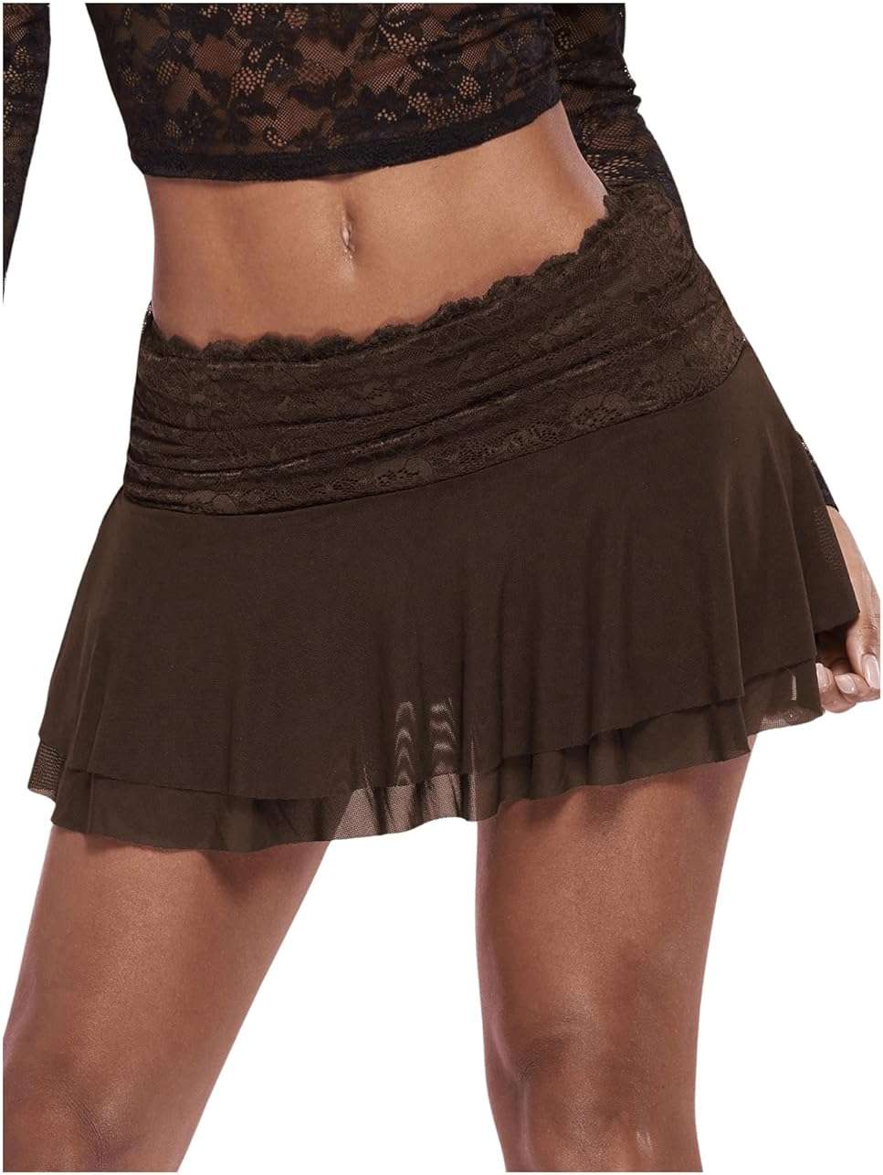 RoseSeek Women's Lace Mesh Y2K Going Out Skirts Layered Ruched Ruffle Low Waist Mini Skirt Coquette Streetwear Skirt Skort - Image 1