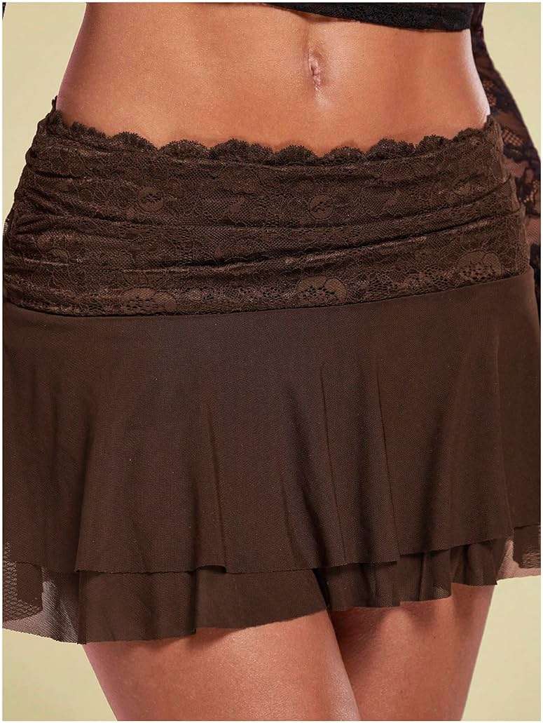 RoseSeek Women's Lace Mesh Y2K Going Out Skirts Layered Ruched Ruffle Low Waist Mini Skirt Coquette Streetwear Skirt Skort - Image 5