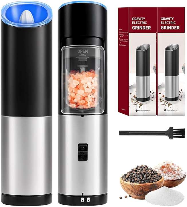 Simple Deluxe Stainless Steel Gravity Electric Salt & Pepper Grinder Set, Battery Powered with Blue LED Light, Adjustable Coarseness, One Hand Automatic Operation, Silver - Image 1