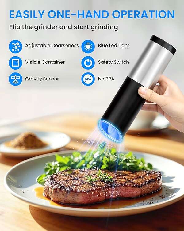Simple Deluxe Stainless Steel Gravity Electric Salt & Pepper Grinder Set, Battery Powered with Blue LED Light, Adjustable Coarseness, One Hand Automatic Operation, Silver - Image 3