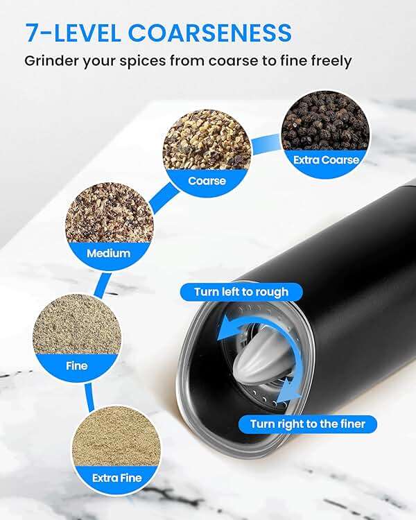 Simple Deluxe Stainless Steel Gravity Electric Salt & Pepper Grinder Set, Battery Powered with Blue LED Light, Adjustable Coarseness, One Hand Automatic Operation, Silver - Image 4