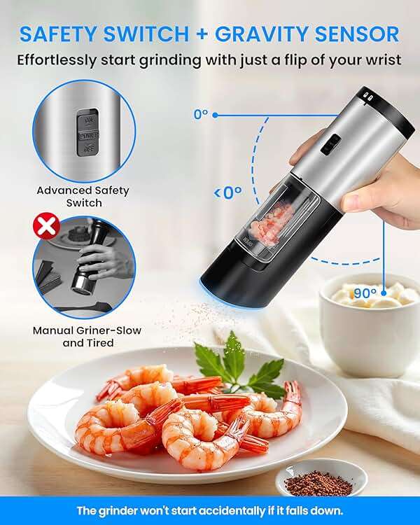 Simple Deluxe Stainless Steel Gravity Electric Salt & Pepper Grinder Set, Battery Powered with Blue LED Light, Adjustable Coarseness, One Hand Automatic Operation, Silver - Image 5