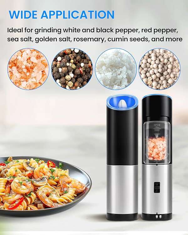 Simple Deluxe Stainless Steel Gravity Electric Salt & Pepper Grinder Set, Battery Powered with Blue LED Light, Adjustable Coarseness, One Hand Automatic Operation, Silver - Image 6