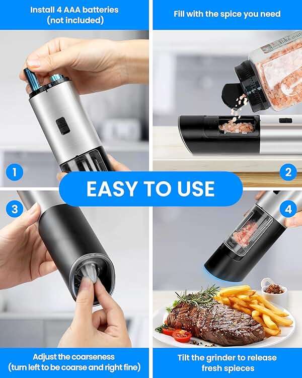 Simple Deluxe Stainless Steel Gravity Electric Salt & Pepper Grinder Set, Battery Powered with Blue LED Light, Adjustable Coarseness, One Hand Automatic Operation, Silver - Image 7