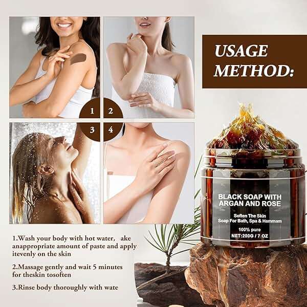 Morocco Black Soap with Argan and Rose, Morocco Black Beldi Bar Exfoliating Soaps, Moroccan Black Soap Hammam, Moroccos Body Scrub with Exfoliating Glove, 2 PCS - Image 5