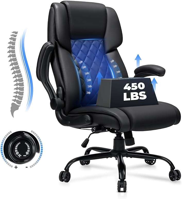 Big and Tall Office Chair 450lbs Heavy Duty Ergonomic Executive Desk Chair with Adjustable Lumbar Support High Back Home Computer Leather Chair with Padded Flip-up Arms for Heavy People Black - Image 1