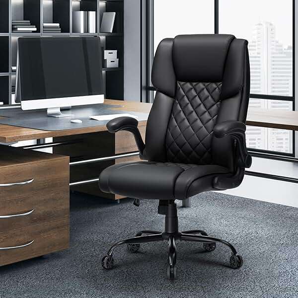 Big and Tall Office Chair 450lbs Heavy Duty Ergonomic Executive Desk Chair with Adjustable Lumbar Support High Back Home Computer Leather Chair with Padded Flip-up Arms for Heavy People Black - Image 2