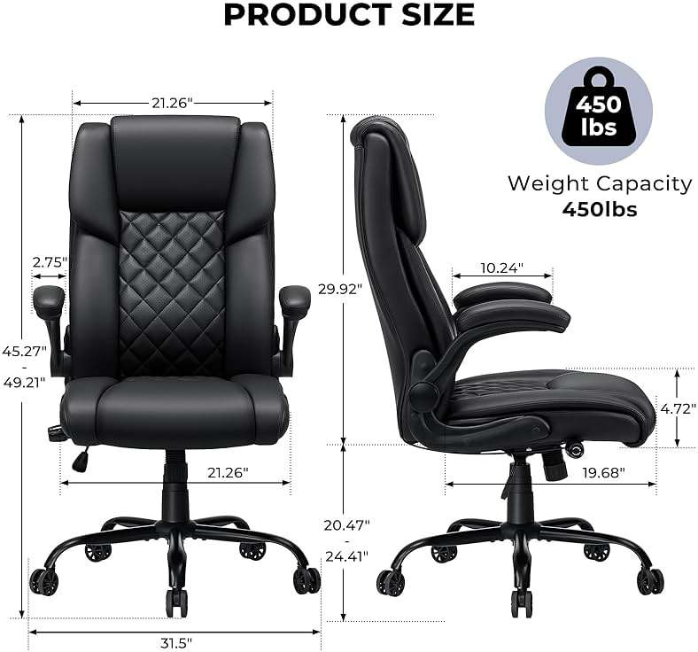 Big and Tall Office Chair 450lbs Heavy Duty Ergonomic Executive Desk Chair with Adjustable Lumbar Support High Back Home Computer Leather Chair with Padded Flip-up Arms for Heavy People Black - Image 3
