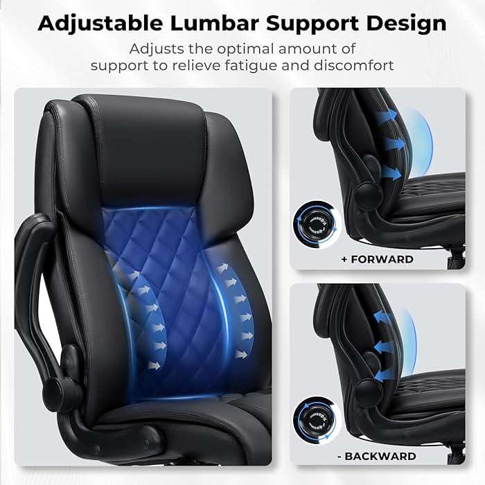 Big and Tall Office Chair 450lbs Heavy Duty Ergonomic Executive Desk Chair with Adjustable Lumbar Support High Back Home Computer Leather Chair with Padded Flip-up Arms for Heavy People Black - Image 4