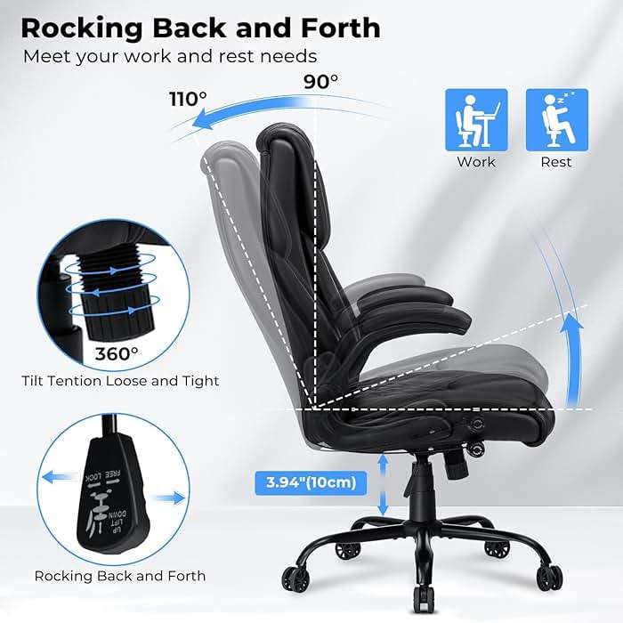 Big and Tall Office Chair 450lbs Heavy Duty Ergonomic Executive Desk Chair with Adjustable Lumbar Support High Back Home Computer Leather Chair with Padded Flip-up Arms for Heavy People Black - Image 6