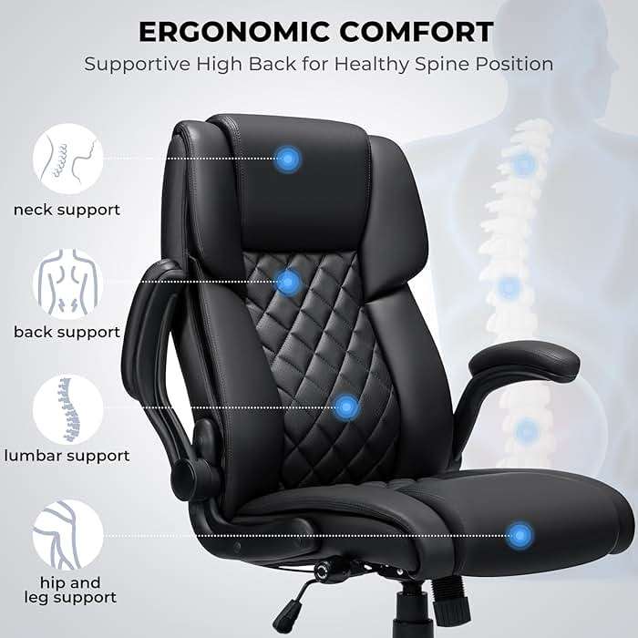 Big and Tall Office Chair 450lbs Heavy Duty Ergonomic Executive Desk Chair with Adjustable Lumbar Support High Back Home Computer Leather Chair with Padded Flip-up Arms for Heavy People Black - Image 7
