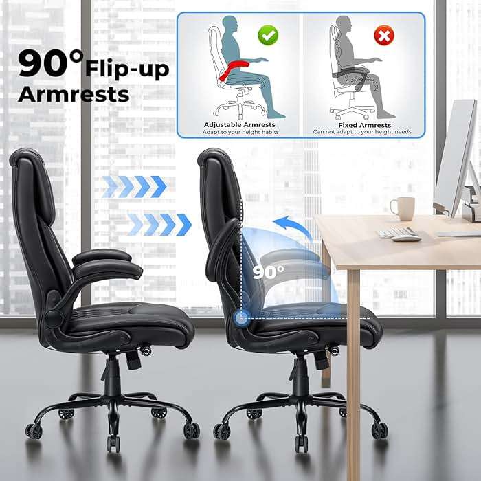 Big and Tall Office Chair 450lbs Heavy Duty Ergonomic Executive Desk Chair with Adjustable Lumbar Support High Back Home Computer Leather Chair with Padded Flip-up Arms for Heavy People Black - Image 8